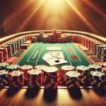 Editorial illustration of a deep-stack cash game table with neatly arranged poker chips and cards under warm casino lighting.