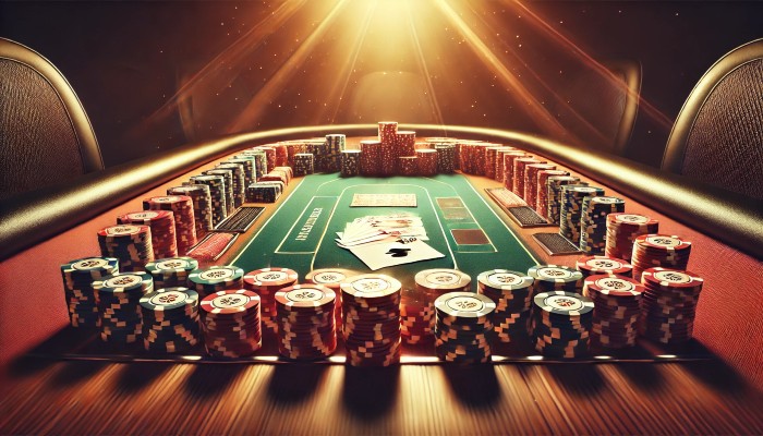 Editorial illustration of a deep-stack cash game table with neatly arranged poker chips and cards under warm casino lighting.