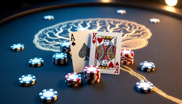 Illustration of poker mindset showing cards, chips, and an abstract glowing brain symbolizing focus and discipline at the poker table.